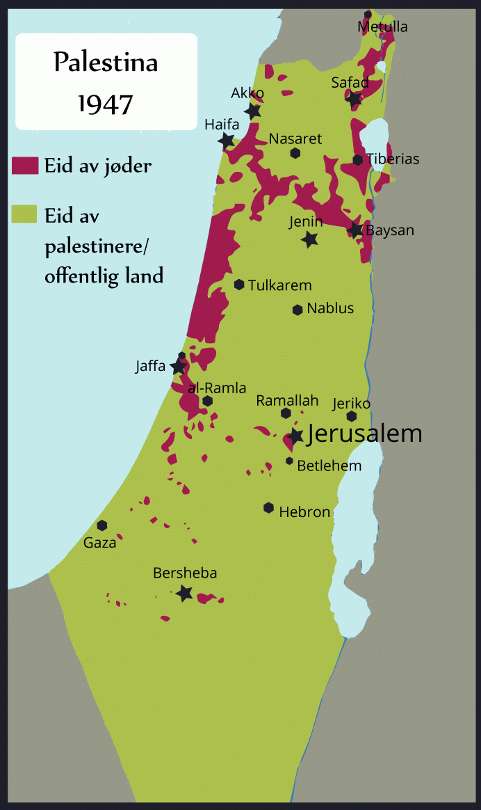 Kartet viser land som er eid av jøder, og land som er eid av palestinere/offentlig land i 1947. (Kilde: A Survey of Palestine)